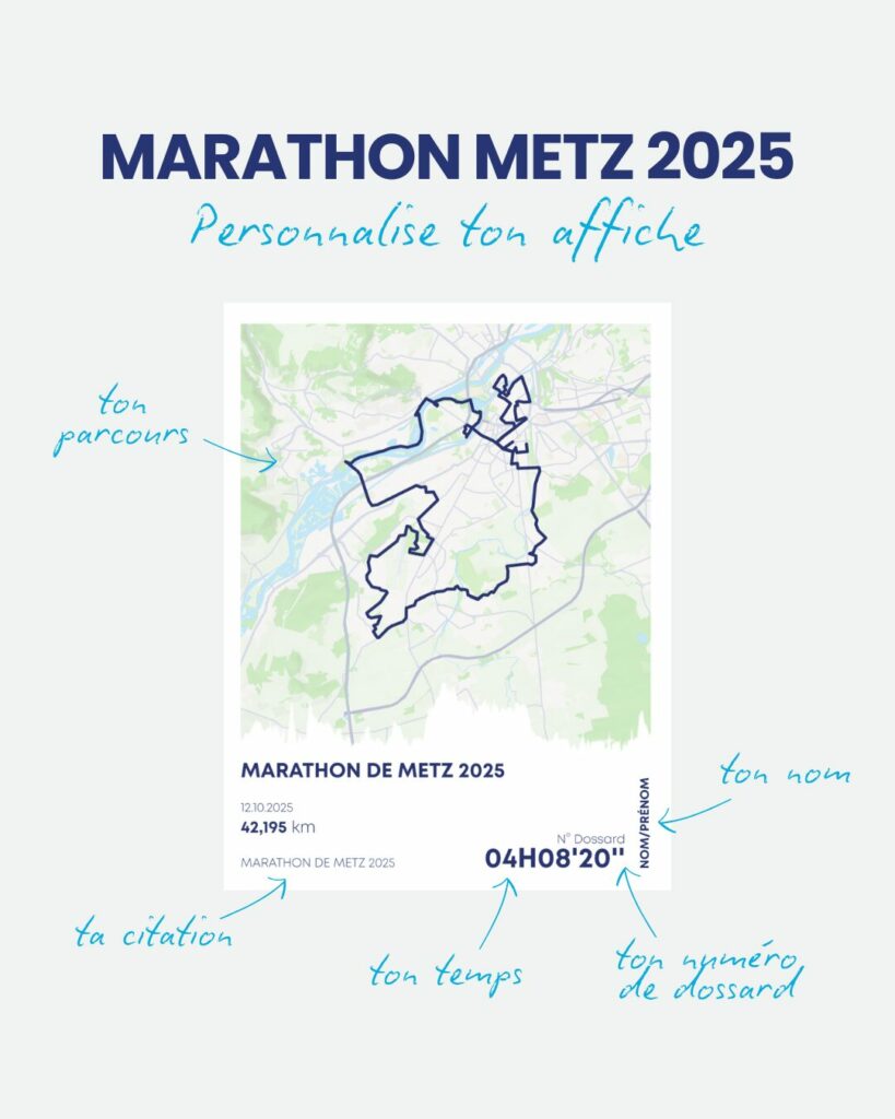 Affiche sportive personnalisée du tracé GPX du Marathon de Metz 2025